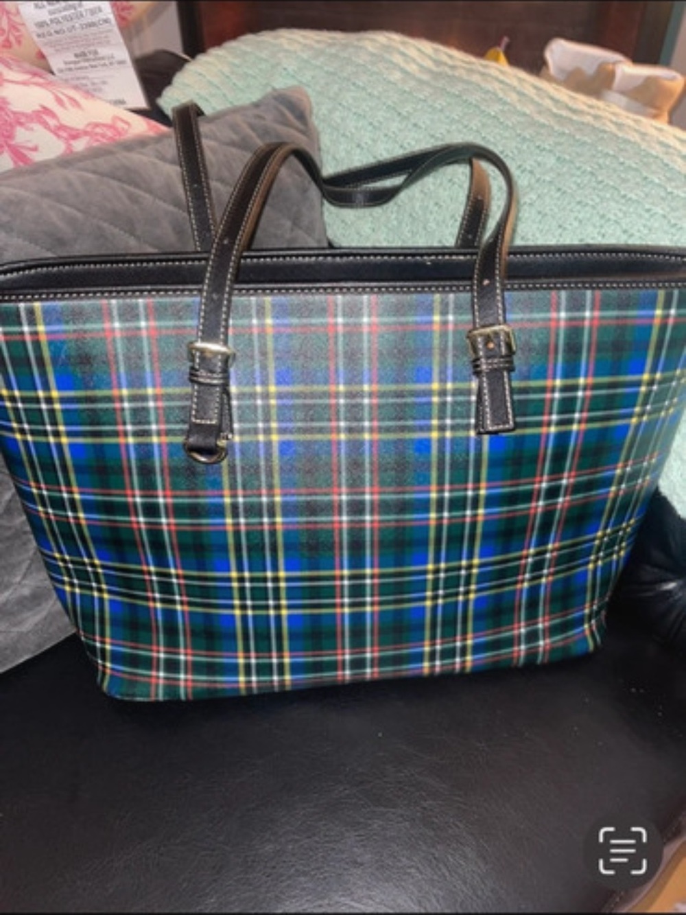Source Unknown Blue and Green Plaid Tote with Black Trim